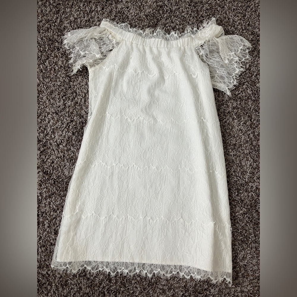 White lace off the shoulder mini dress